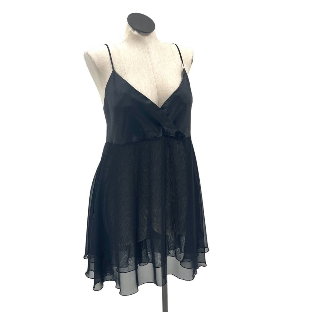 Vintage Black Semi-Sheer Chiffon Skirt Floral Detail Slip Size XXL